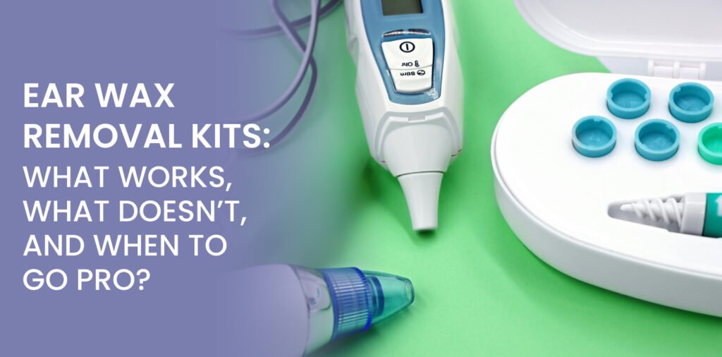 A white and turquoise ear wax removal kit is next to a digital ear thermometer on a green surface