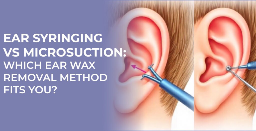 Microsuction vs Ear Syringing: Comparing two ear wax removal techniques in a medical illustration.