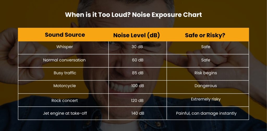 Noise exposure limits chart showing sound sources, Noise exposure limits (dB), and risk levels, from whisper (30 dB) to jet engine (140 dB).