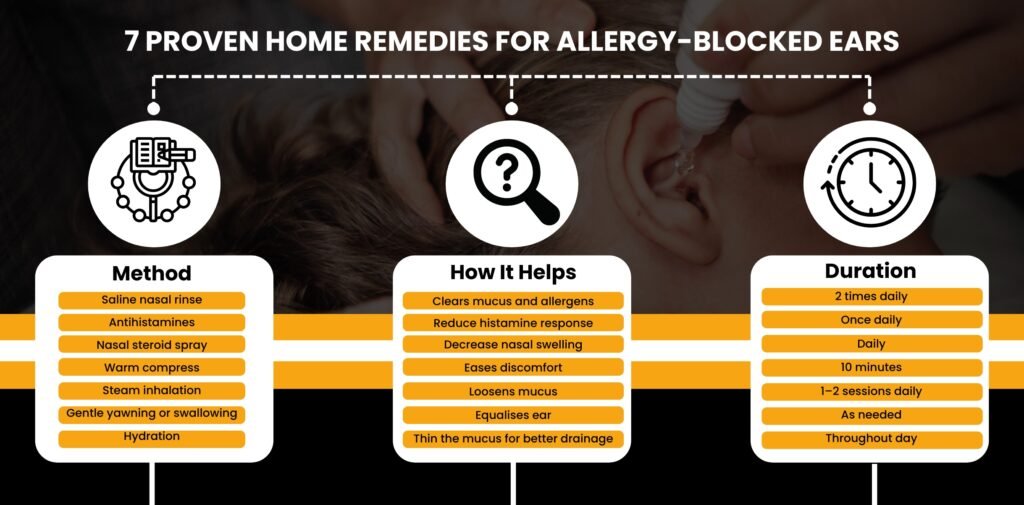 7 proven home remedies for allergy-blocked ears, including method, benefits, and duration.