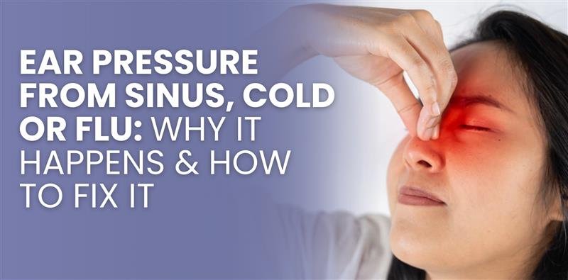 A blog thumbnail with text - Ear Pressure from Sinus, Cold or Flu: Why It Happens & How to Fix It
