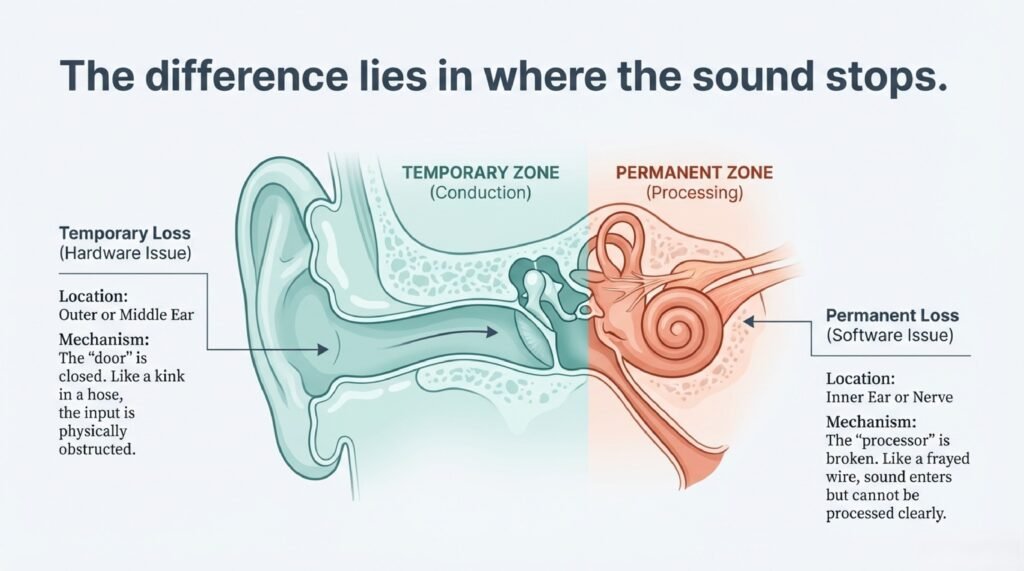 an infograph showing the difference between temporary and permanent hearing loss